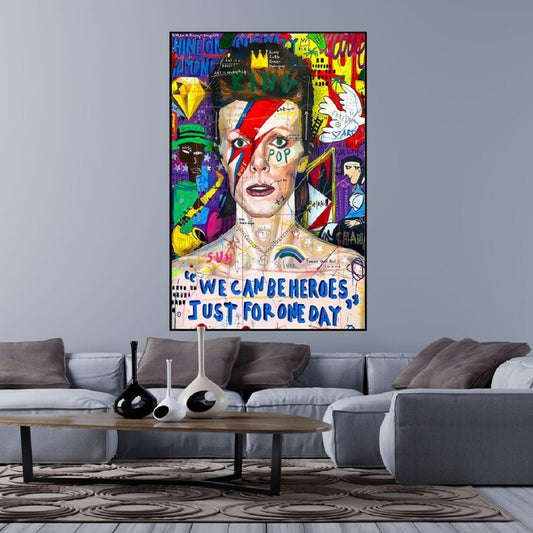 Room mockup. David Bowie portrait with a red and blue lightning bolt across his face, surrounded by bright graffiti lettering.