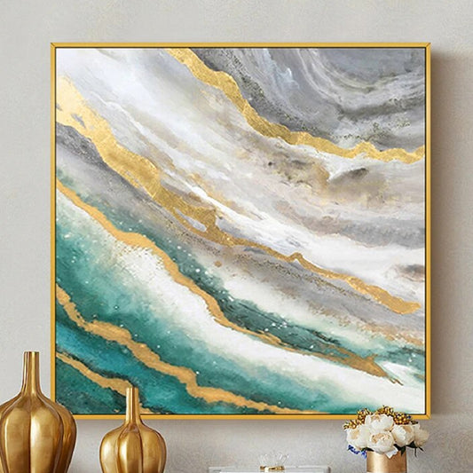 Room mockup showing diagonal flowing bands in emerald green, grey and white separated by gold-coloured lines.