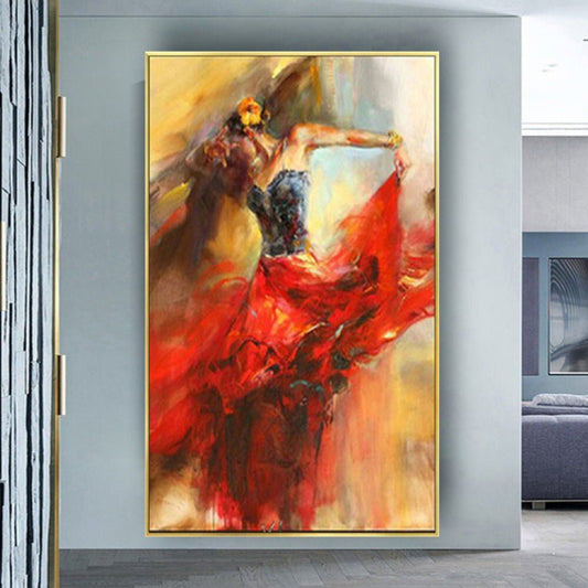 Room mockup. A dancer in a dark bodice raises a flowing red skirt, with dark hair and a flower against warm cream and ochre strokes.