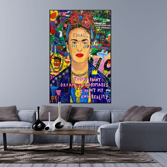 Room mockup. Frida Kahlo portrait with red flowers, red lips and a dark blue garment surrounded by vivid graffiti lettering.