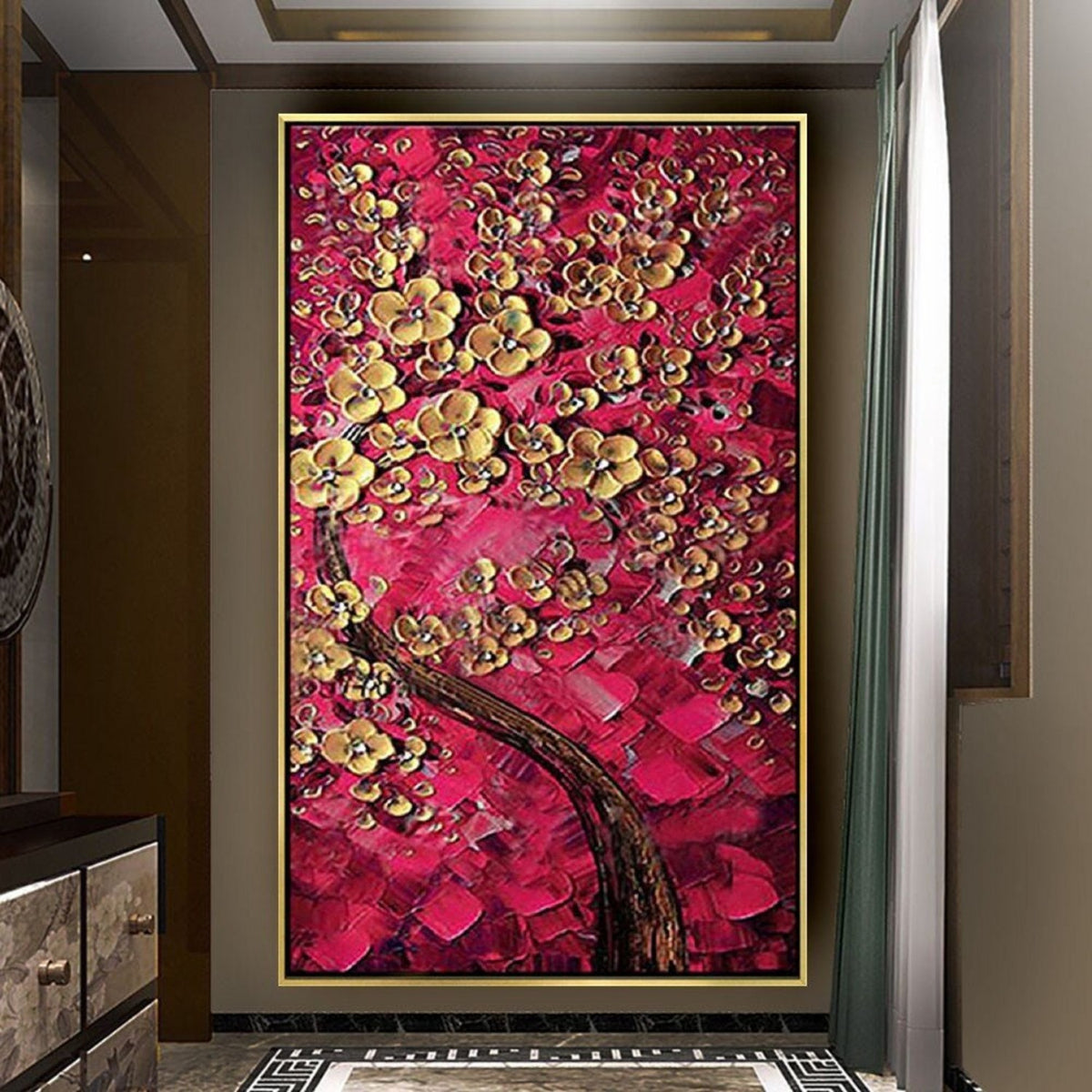 Room mockup. A dark curving tree trunk supports clusters of raised gold-coloured blossoms against dense red and crimson textured dabs.
