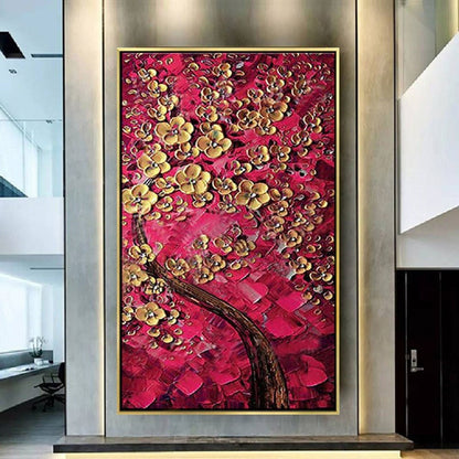 Room mockup. A dark curving tree trunk supports clusters of raised gold-coloured blossoms against dense red and crimson textured dabs.