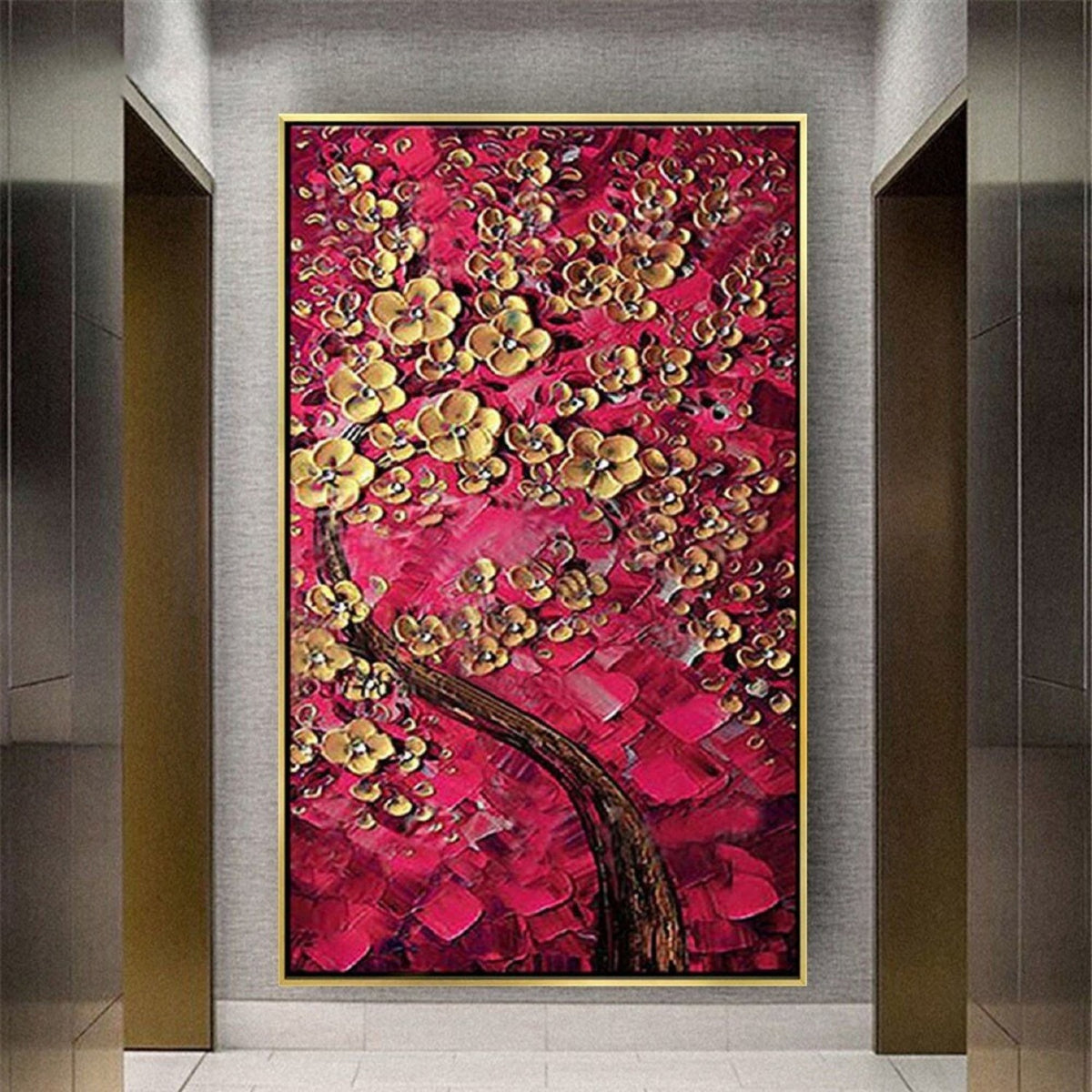 Room mockup. A dark curving tree trunk supports clusters of raised gold-coloured blossoms against dense red and crimson textured dabs.