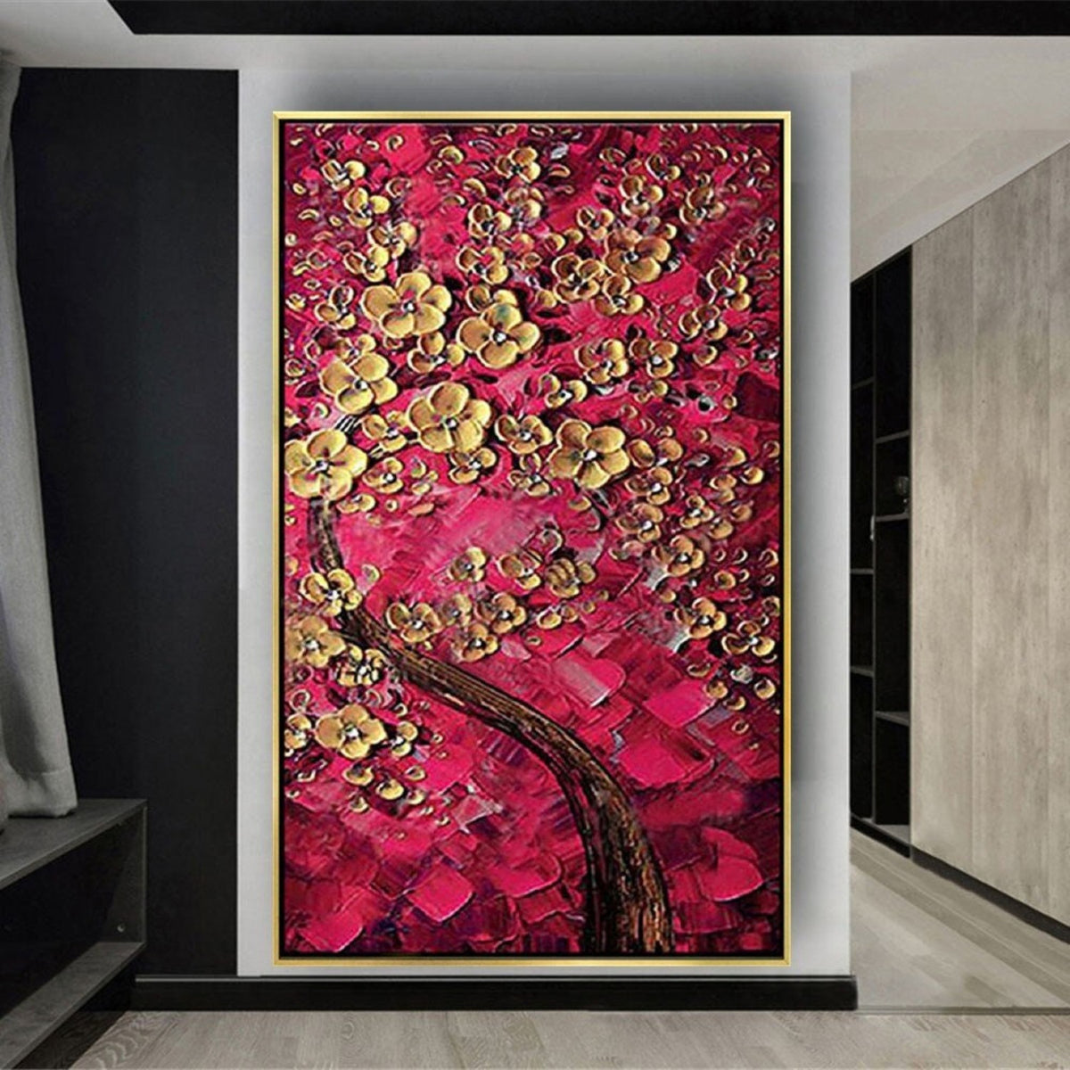 Room mockup. A dark curving tree trunk supports clusters of raised gold-coloured blossoms against dense red and crimson textured dabs.