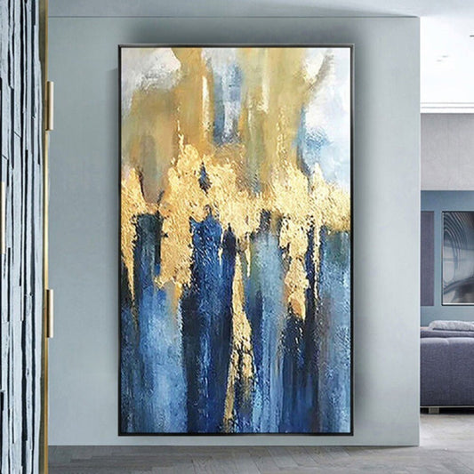 Room mockup. A dense gold-coloured textured band with long hanging strokes above deep blue, grey and pale cream vertical fields.