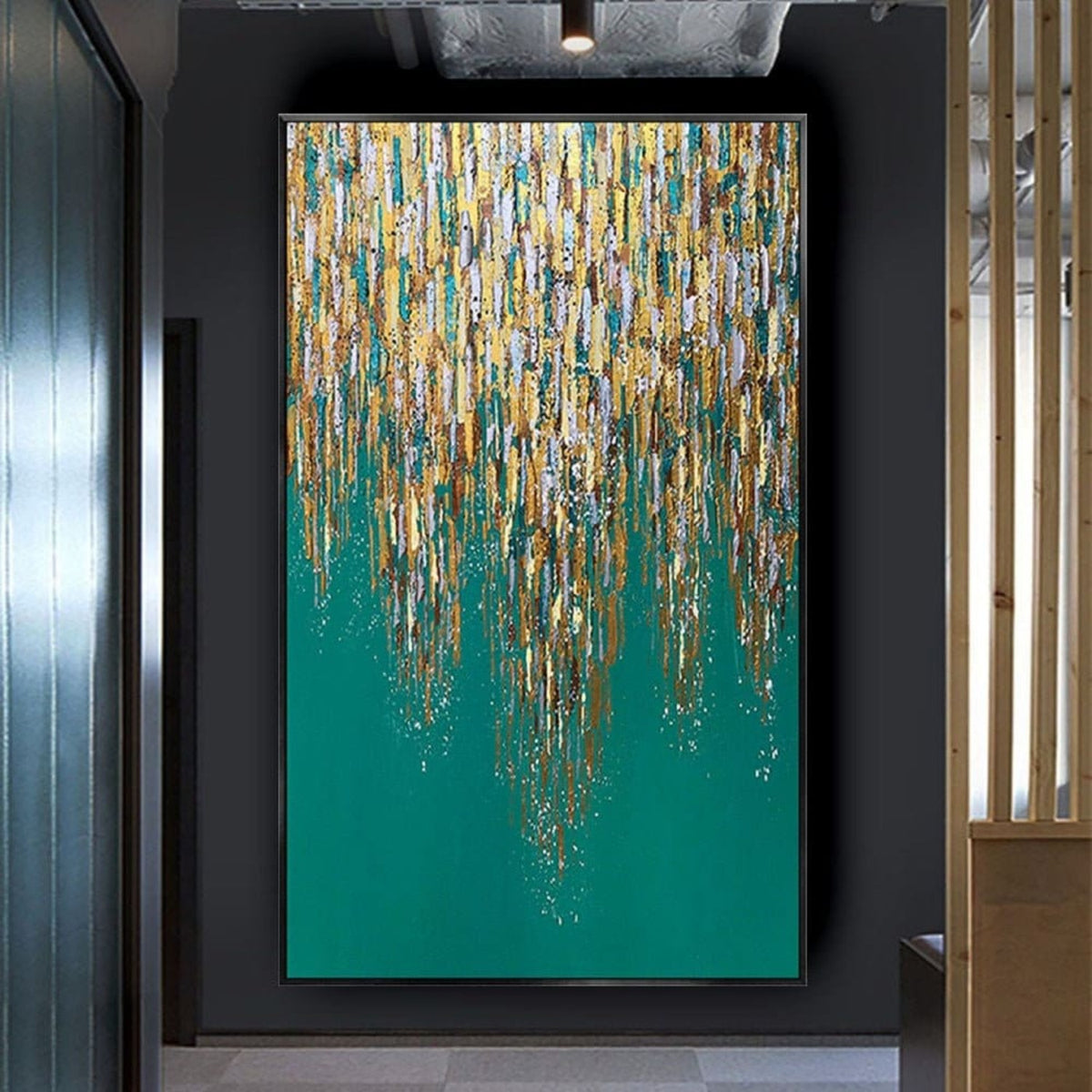 Room mockup. Dense gold-coloured, cream and muted grey vertical dabs taper into long drips over a deep teal field.