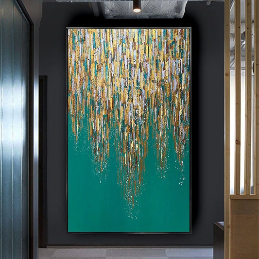 Room mockup. Dense gold-coloured, cream and muted grey vertical dabs taper into long drips over a deep teal field.