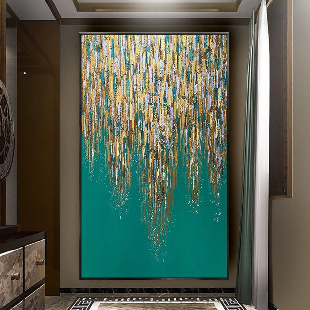 Room mockup. Dense gold-coloured, cream and muted grey vertical dabs taper into long drips over a deep teal field.