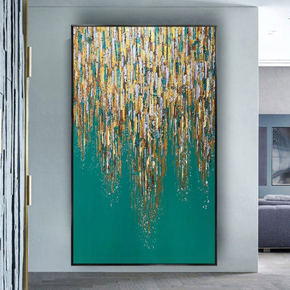 Room mockup. Dense gold-coloured, cream and muted grey vertical dabs taper into long drips over a deep teal field.