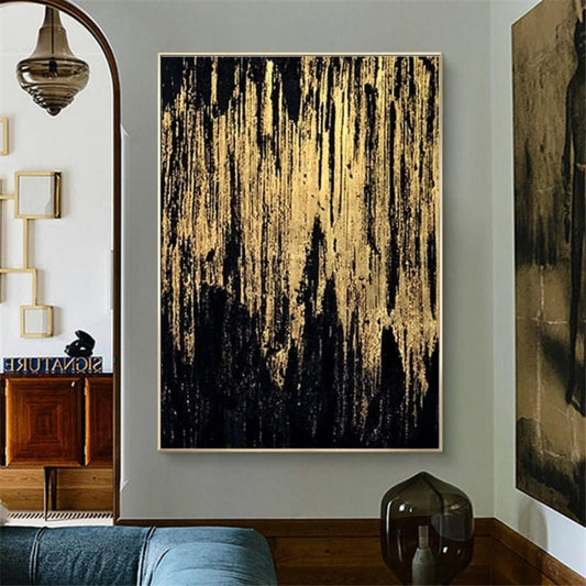 Room mockup. Long irregular gold-coloured textured streaks hang down over a deep black background.