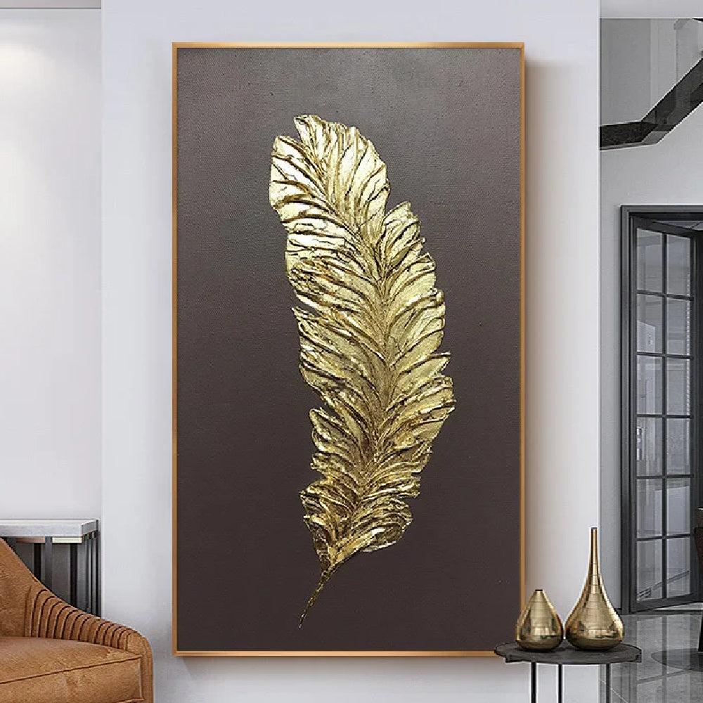 Room mockup showing single gold-coloured feather with layered raised barbs on a dark brown background.