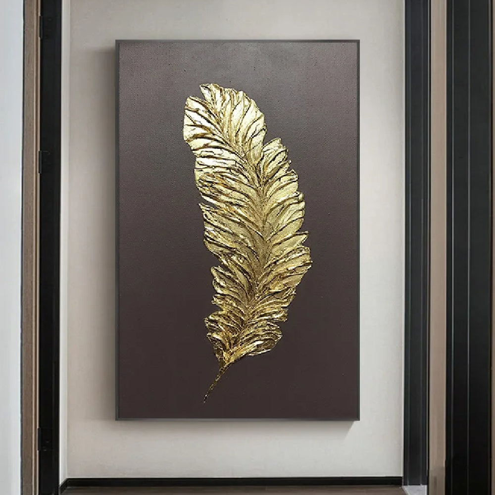 Room mockup showing single gold-coloured feather with layered raised barbs on a dark brown background.