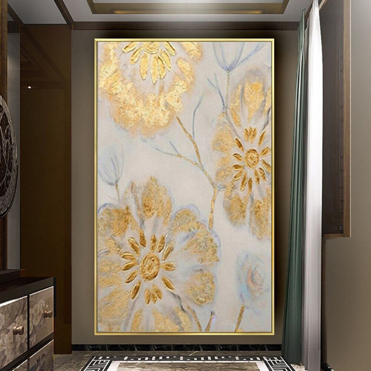 Room mockup. Large gold-coloured textured flowers with thin pale blue stems and leaves on a soft grey-white background.