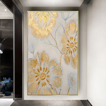 Room mockup. Large gold-coloured textured flowers with thin pale blue stems and leaves on a soft grey-white background.