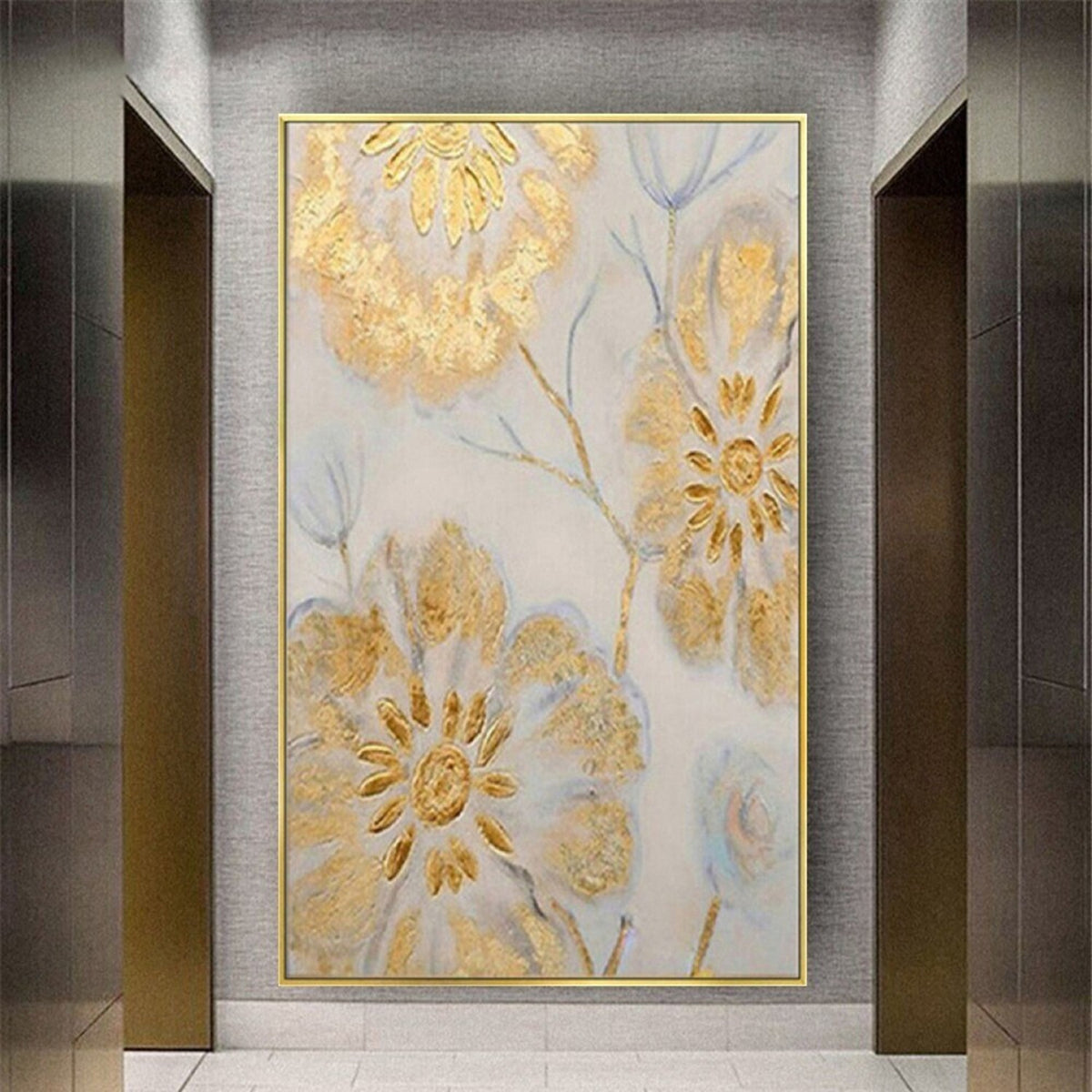 Room mockup. Large gold-coloured textured flowers with thin pale blue stems and leaves on a soft grey-white background.