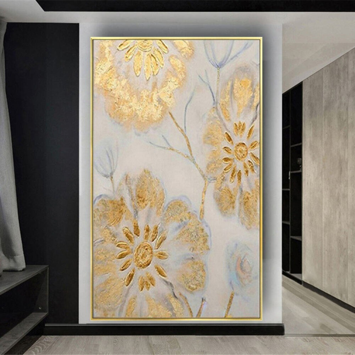 Room mockup. Large gold-coloured textured flowers with thin pale blue stems and leaves on a soft grey-white background.