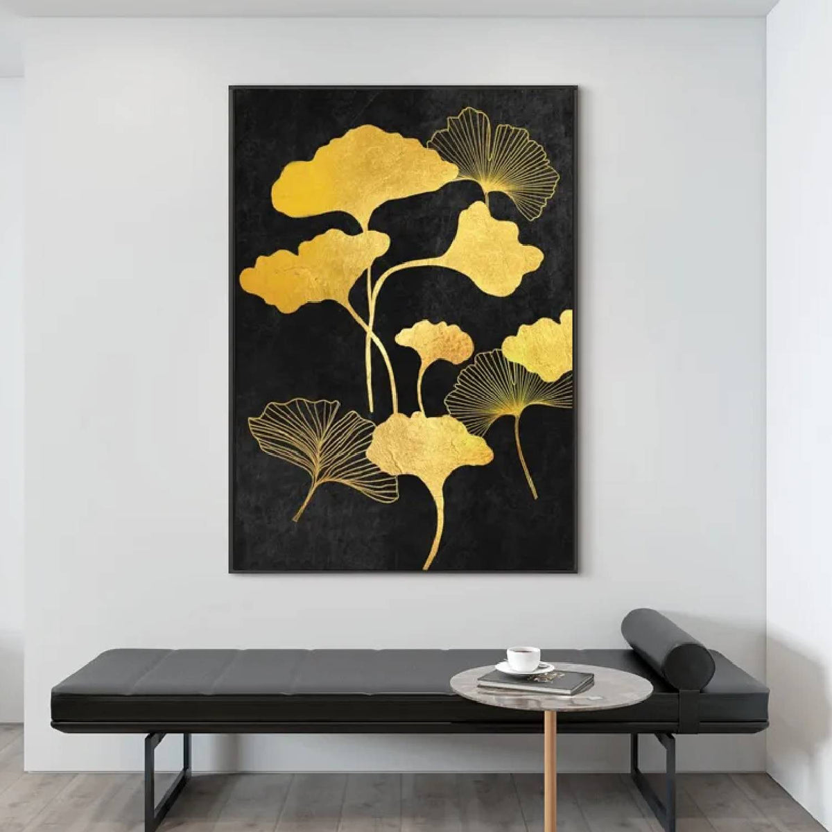 Room mockup. Gold-coloured fan-shaped leaves on curved slender stems, some filled and some finely outlined, against black.