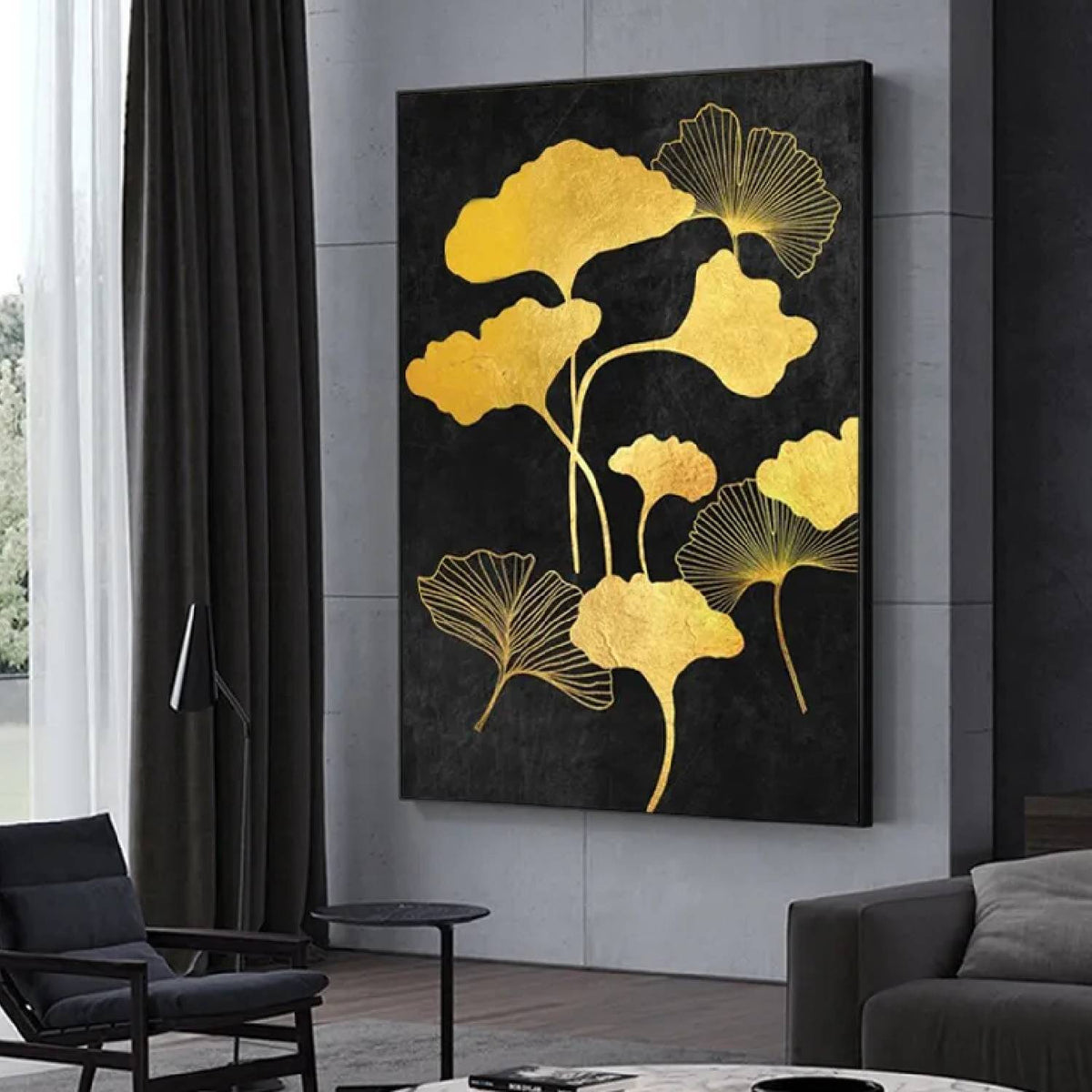 Room mockup. Gold-coloured fan-shaped leaves on curved slender stems, some filled and some finely outlined, against black.