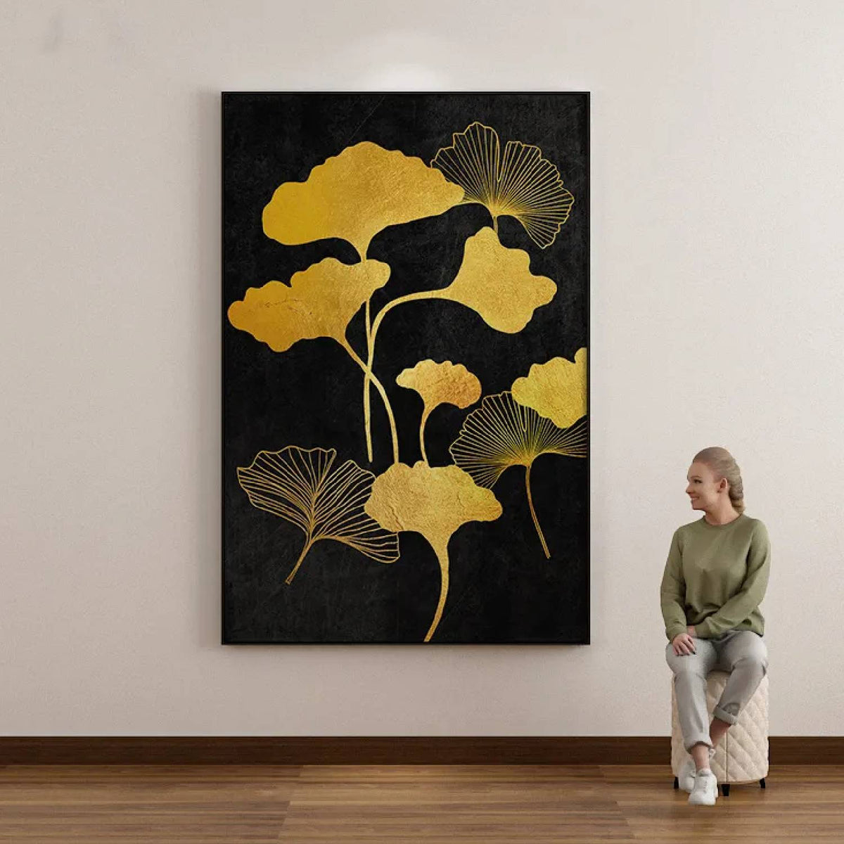 Room mockup. Gold-coloured fan-shaped leaves on curved slender stems, some filled and some finely outlined, against black.