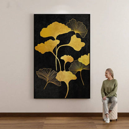 Room mockup. Gold-coloured fan-shaped leaves on curved slender stems, some filled and some finely outlined, against black.