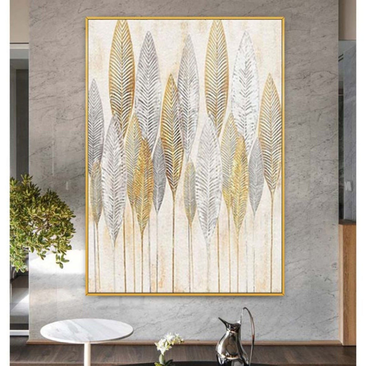 Room mockup. Tall slender gold-coloured and grey leaf skeletons with fine veins on pale cream, supported by thin stems.