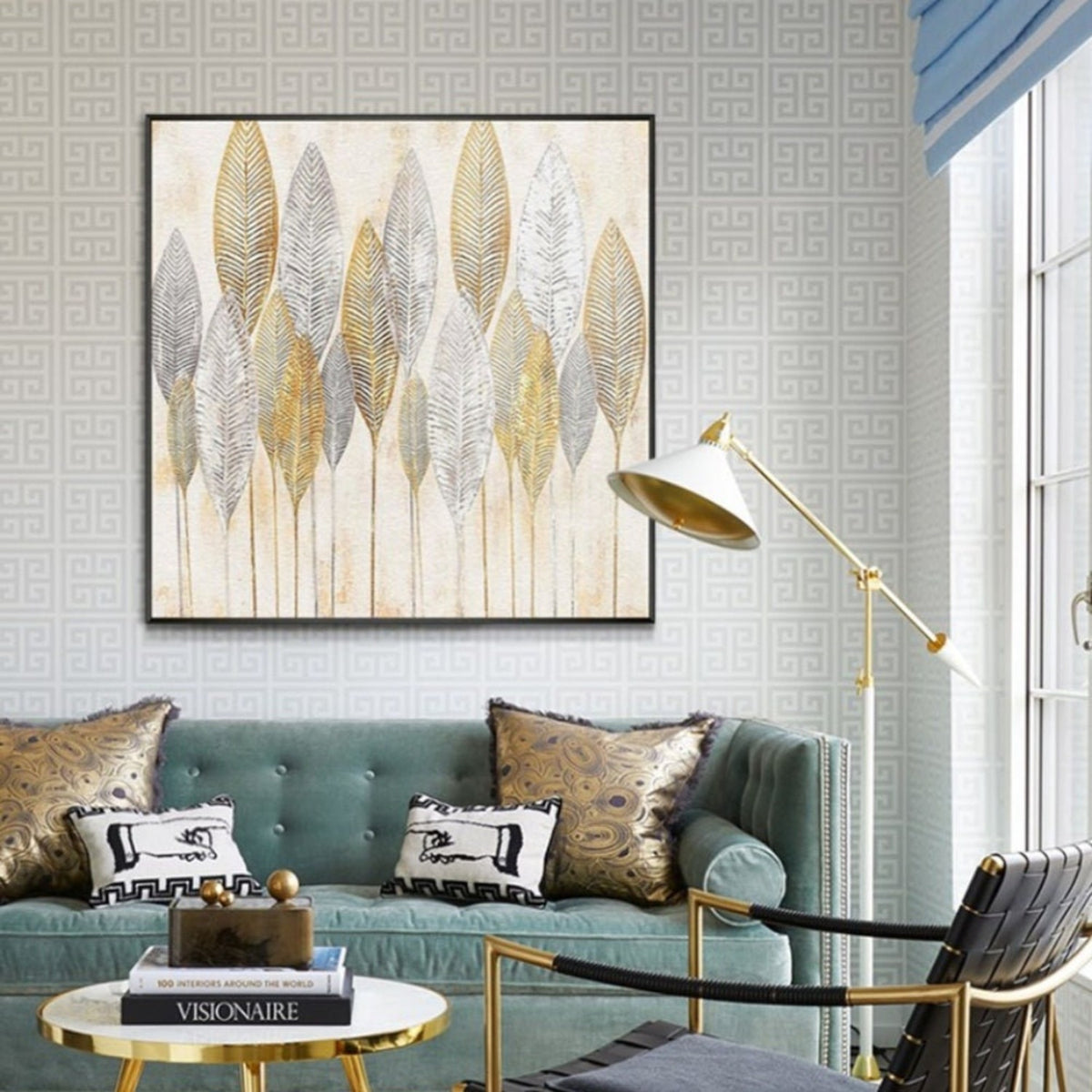 Room mockup. Tall slender gold-coloured and grey leaf skeletons with fine veins on pale cream, supported by thin stems.