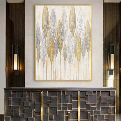 Room mockup. Tall slender gold-coloured and grey leaf skeletons with fine veins on pale cream, supported by thin stems.