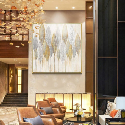 Room mockup. Tall slender gold-coloured and grey leaf skeletons with fine veins on pale cream, supported by thin stems.