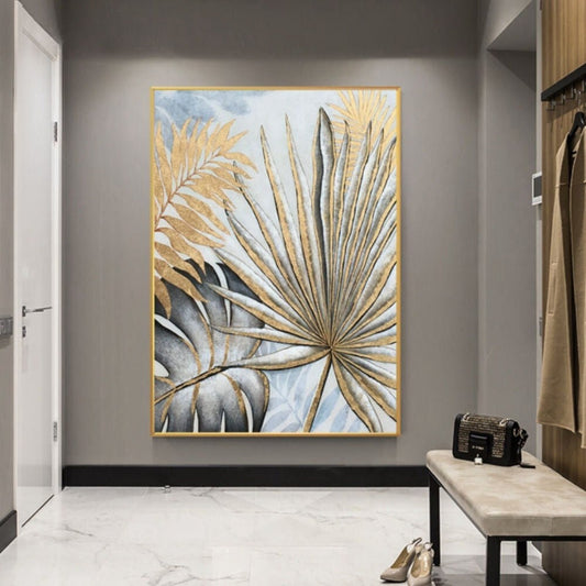 Room mockup. Large gold-coloured and dark grey palm-like leaves overlap a pale blue-grey background with fine radiating veins.