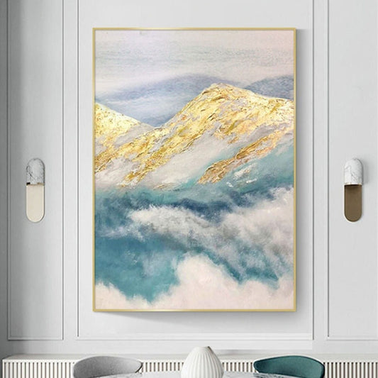 Room mockup. Gold-coloured mountain ridges rise above soft teal and white cloud-like strokes beneath a pale grey sky.