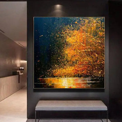 Room mockup showing dense gold-coloured and orange tree-like marks against a navy background reflected in bright horizontal strokes below.