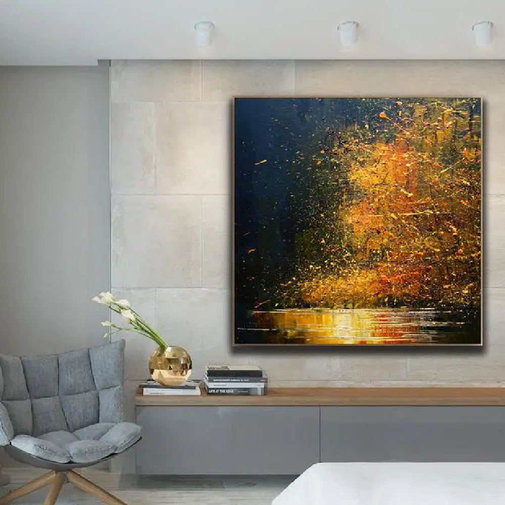 Room mockup showing dense gold-coloured and orange tree-like marks against a navy background reflected in bright horizontal strokes below.