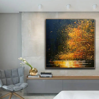 Room mockup showing dense gold-coloured and orange tree-like marks against a navy background reflected in bright horizontal strokes below.