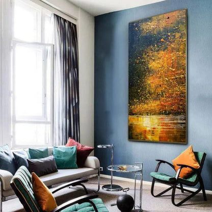 Room mockup showing dense gold-coloured and orange tree-like marks against a navy background reflected in bright horizontal strokes below.