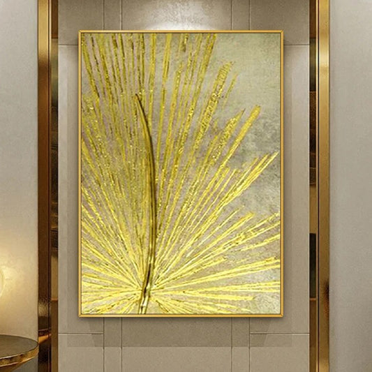 Room mockup showing fine gold-coloured palm frond lines fanning upward across a muted grey-beige textured background.