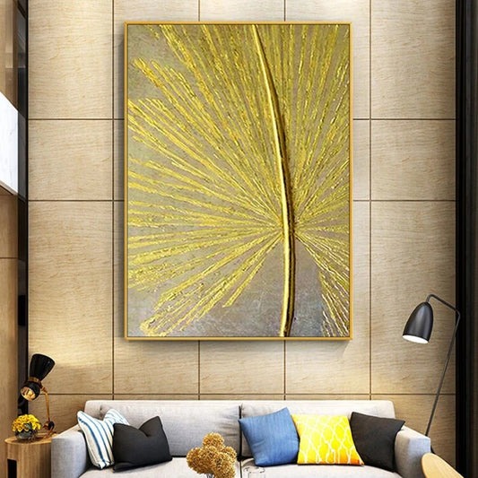 Room mockup showing radiating gold-coloured palm-like veins and a curved dark stem against a grey textured background.
