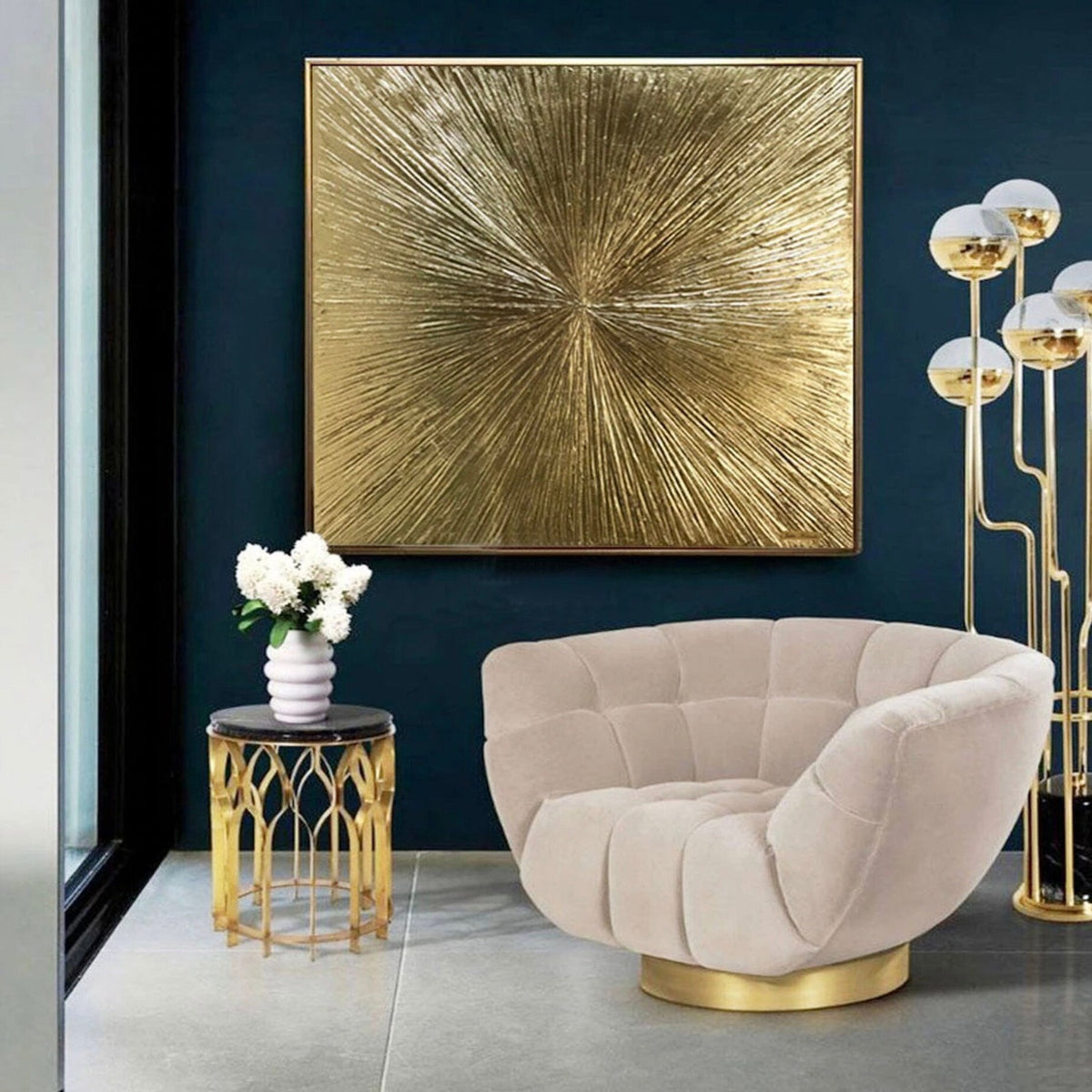 Room mockup. Fine gold-coloured ridges radiate from an off-centre point across a warm brown-gold square field.