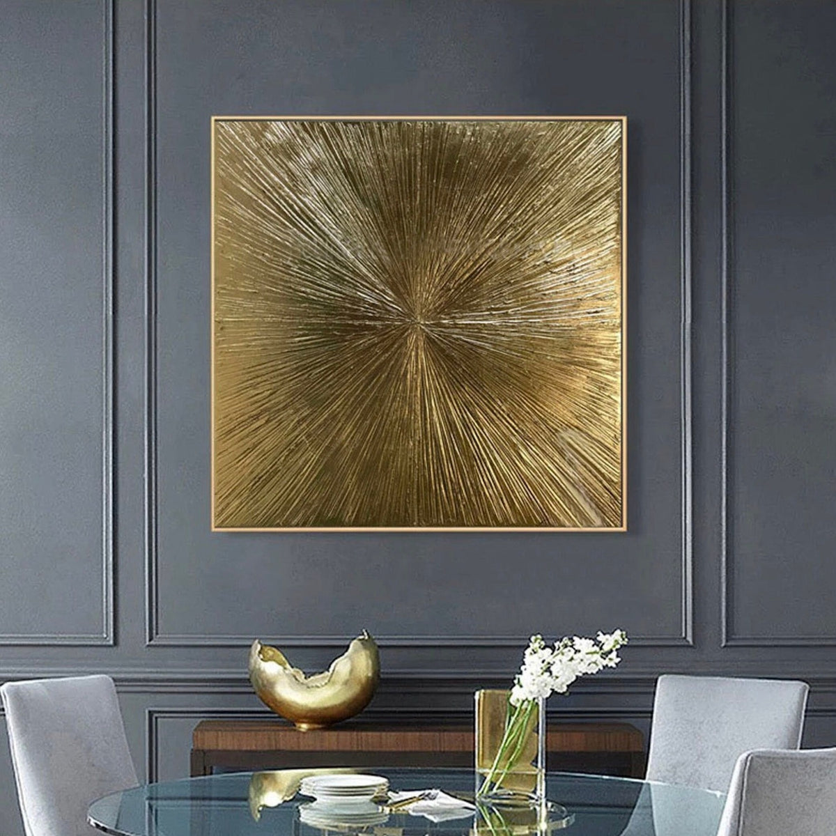 Room mockup. Fine gold-coloured ridges radiate from an off-centre point across a warm brown-gold square field.
