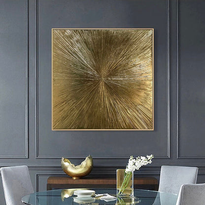 Room mockup. Fine gold-coloured ridges radiate from an off-centre point across a warm brown-gold square field.