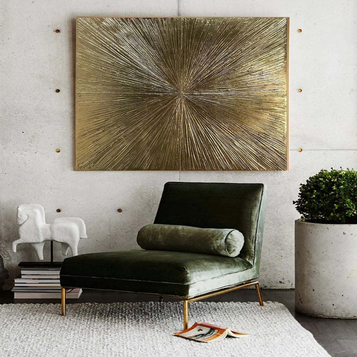 Room mockup. Fine gold-coloured ridges radiate from an off-centre point across a warm brown-gold square field.