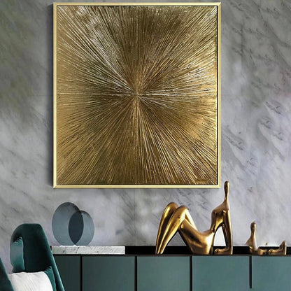 Room mockup. Fine gold-coloured ridges radiate from an off-centre point across a warm brown-gold square field.