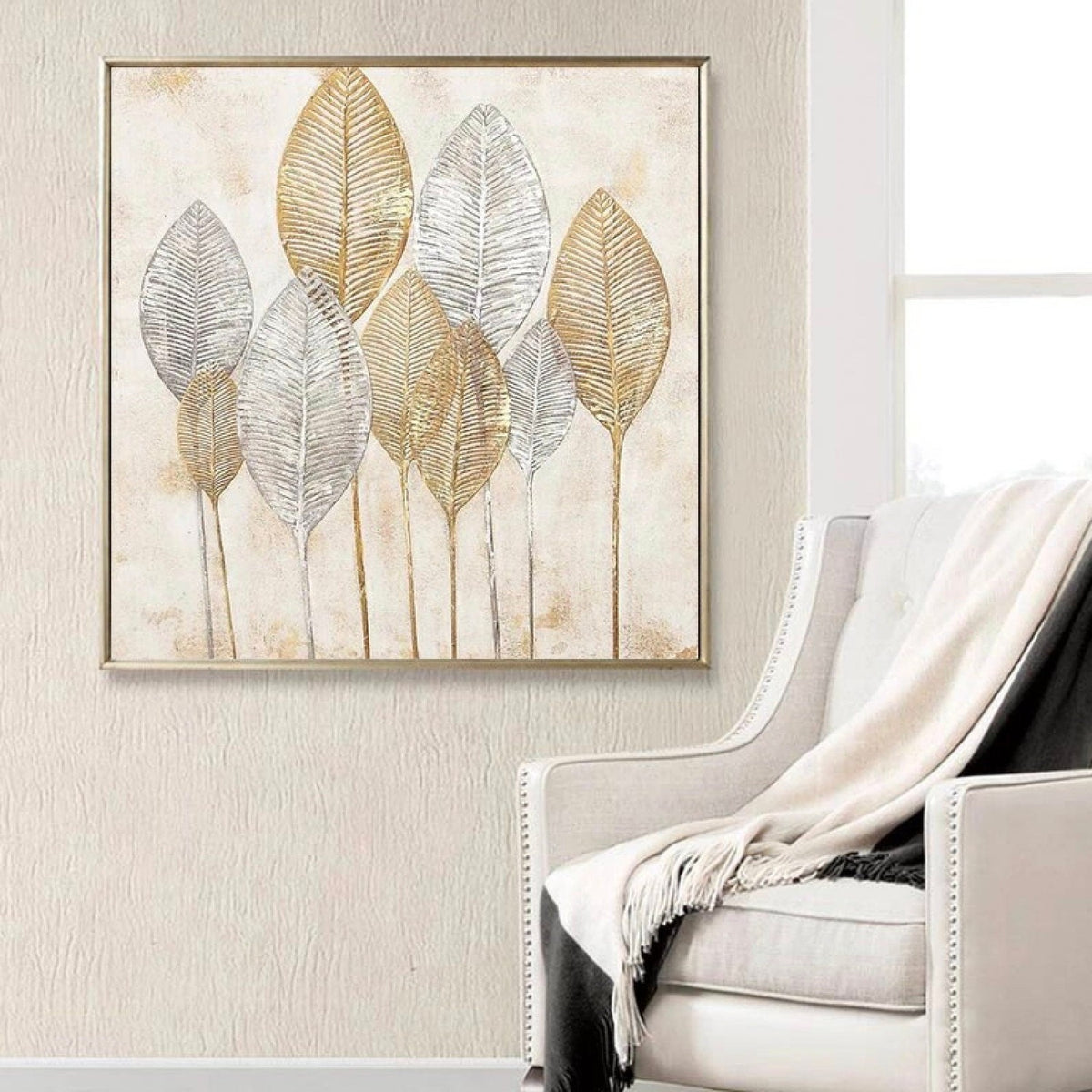 Room mockup. Tall gold-coloured and silver-grey leaf skeletons on fine stems against a pale cream textured background.