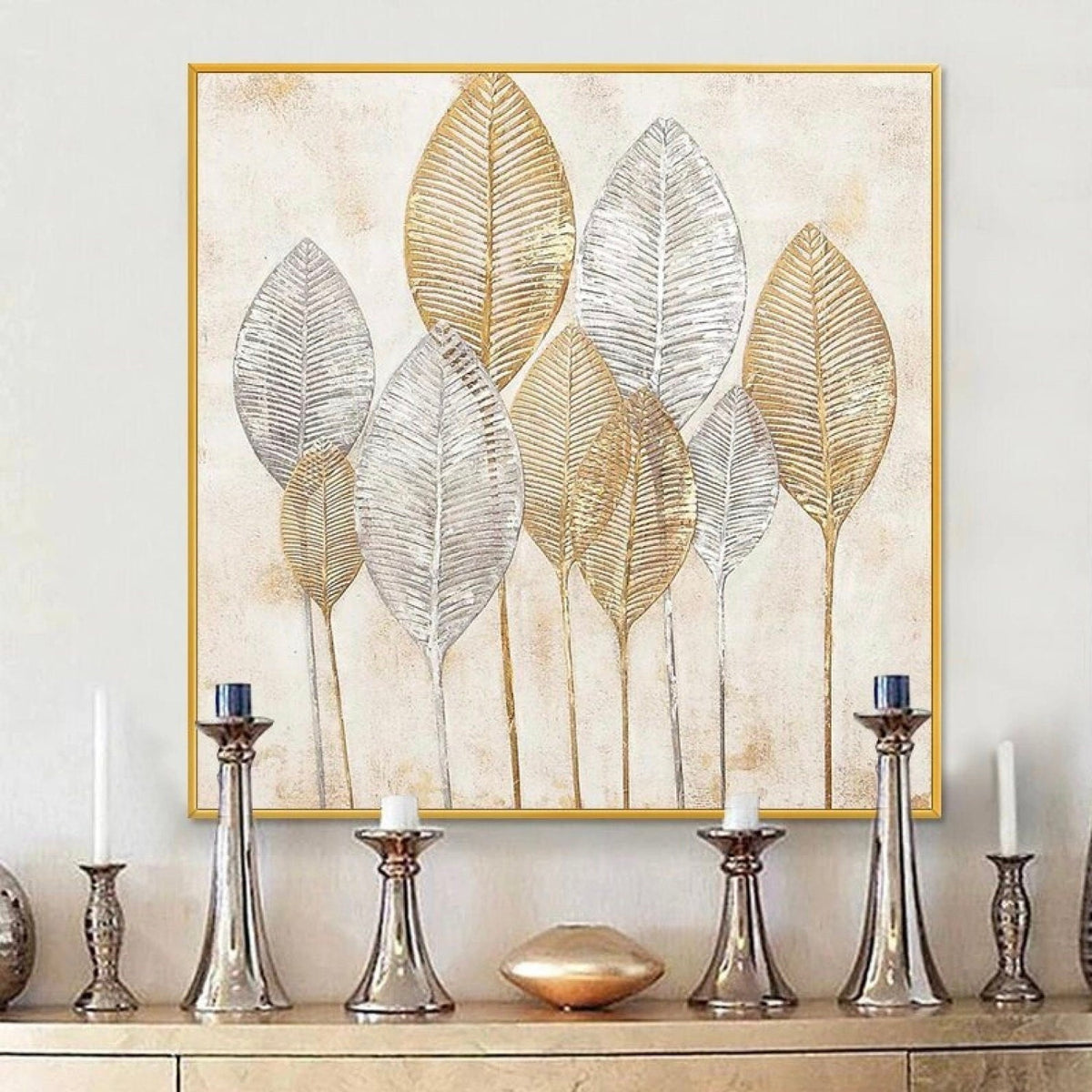 Room mockup. Tall gold-coloured and silver-grey leaf skeletons on fine stems against a pale cream textured background.