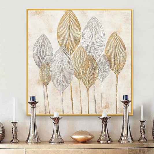 Room mockup. Tall gold-coloured and silver-grey leaf skeletons on fine stems against a pale cream textured background.