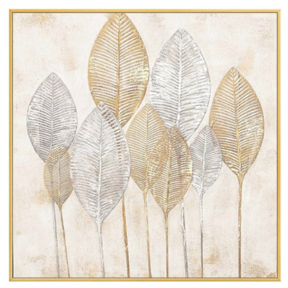 Tall gold-coloured and silver-grey leaf skeletons on fine stems against a pale cream textured background.