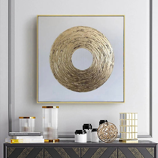 Room mockup. A thick gold-coloured textured ring with fine concentric ridges on a pale white-grey square background.