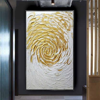Room mockup. Raised gold-coloured and white petal-like strokes spiral outward from a small centre over a white textured field.