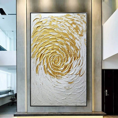Room mockup. Raised gold-coloured and white petal-like strokes spiral outward from a small centre over a white textured field.