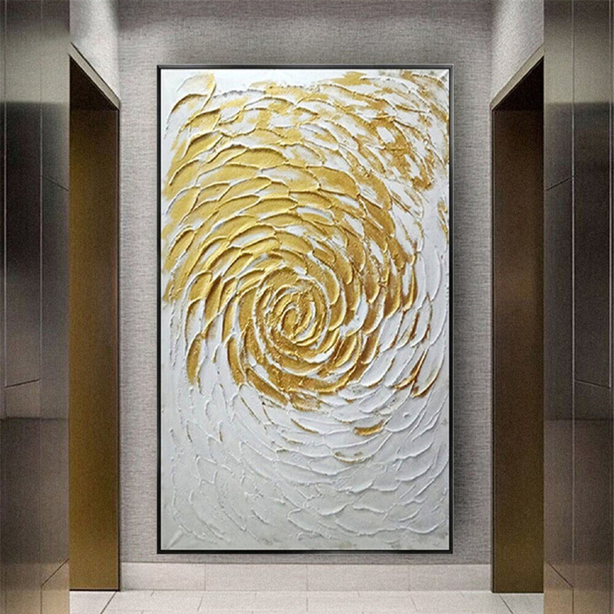 Room mockup. Raised gold-coloured and white petal-like strokes spiral outward from a small centre over a white textured field.