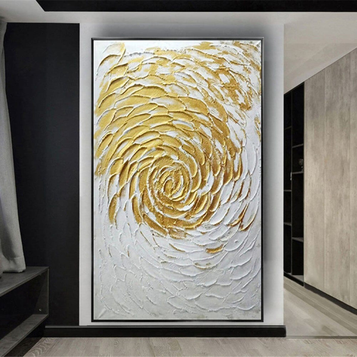 Room mockup. Raised gold-coloured and white petal-like strokes spiral outward from a small centre over a white textured field.